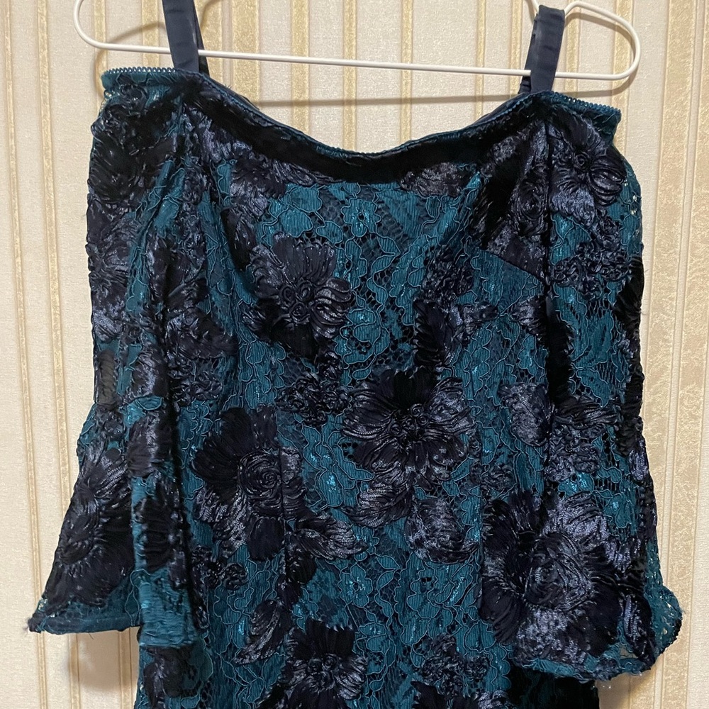 Lace-Floral, Navy Blue, Open shoulder MIDI Dress